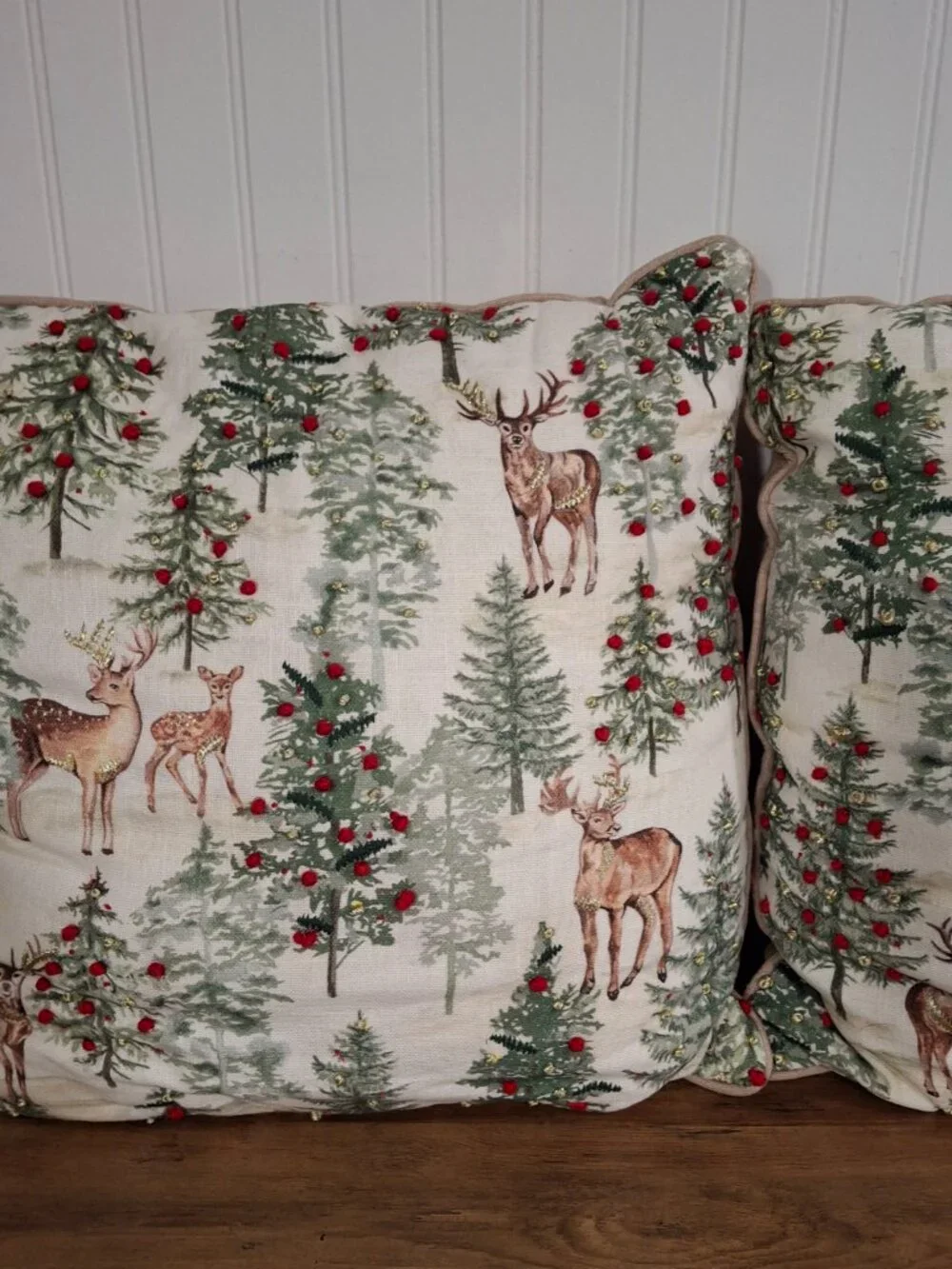 Two Christmas Throw Pillows Winter Snowy Scene Deer 3D Red Green Gold Thread 18
